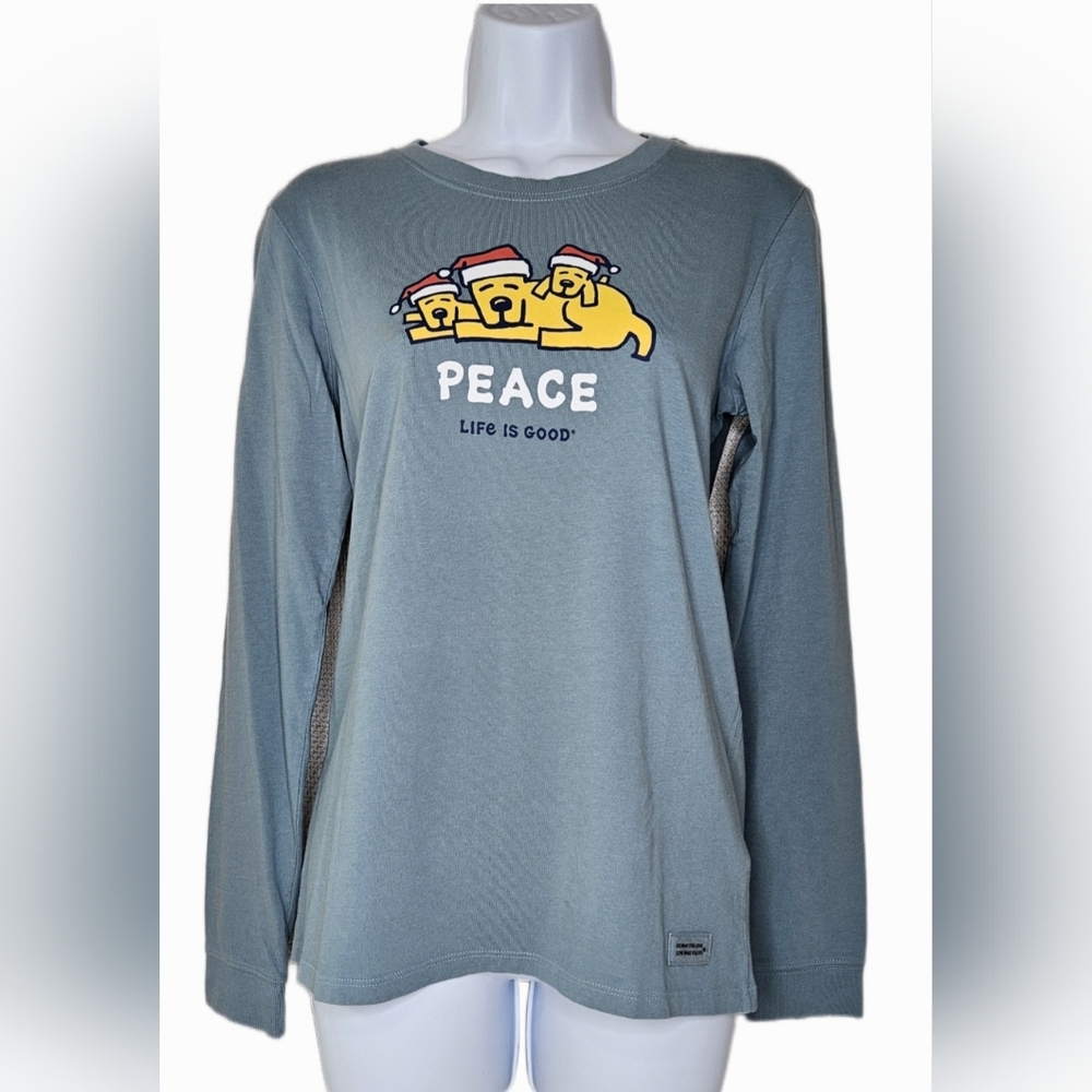 NWT Women's Life is Good Peace Graphic Long Sleeve Crusher Tee Blue Size S